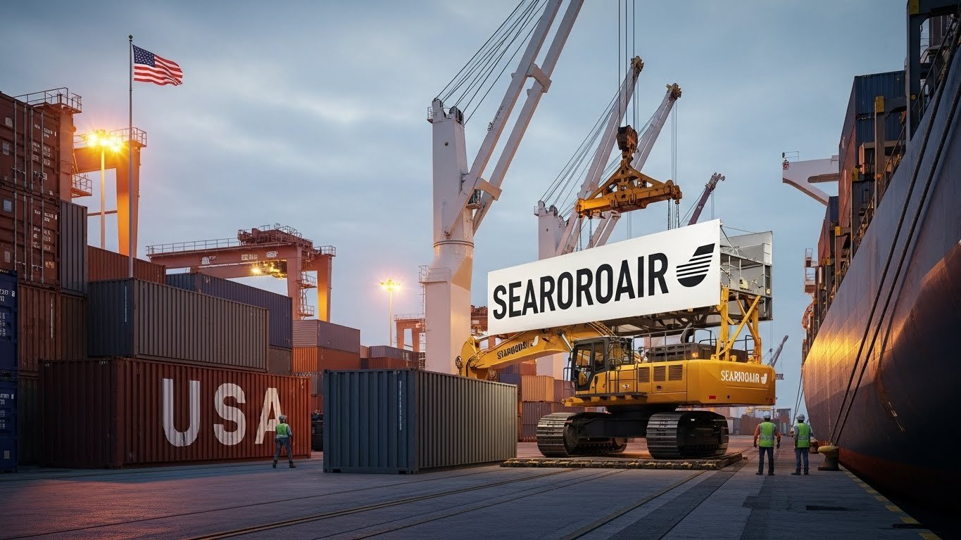 Heavy machinery and equipment being prepared for international shipping by SEAROROAIR LLC